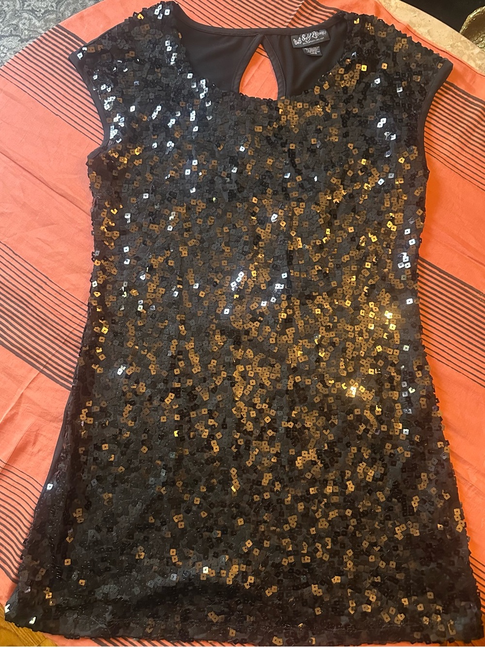 Self Esteem Black Sequin Mini Dress with Gold Accents